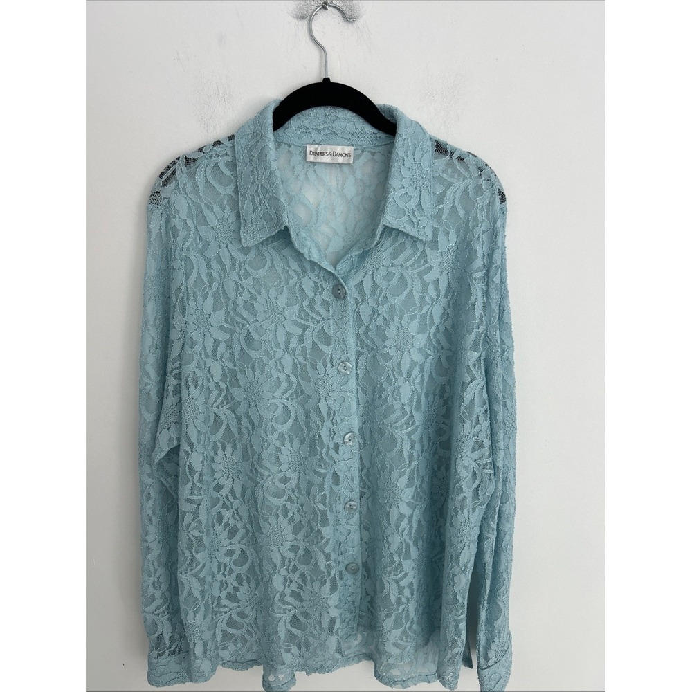 Draper's Damon's 2X Light Blue Sheer Floral Lace Long Sleeve Feminine Blouse‎
